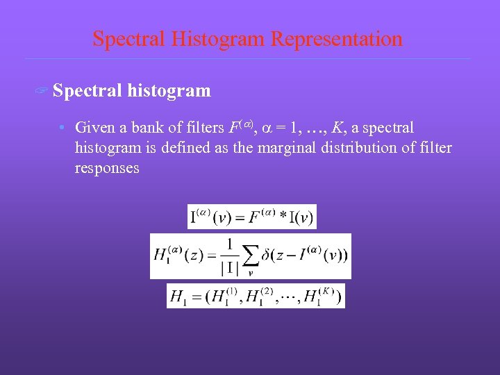 Spectral Histogram Representation ? Spectral histogram • Given a bank of filters F(a), a