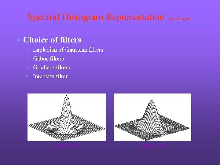Spectral Histogram Representation - continued ? Choice • • of filters Laplacian of Gaussian
