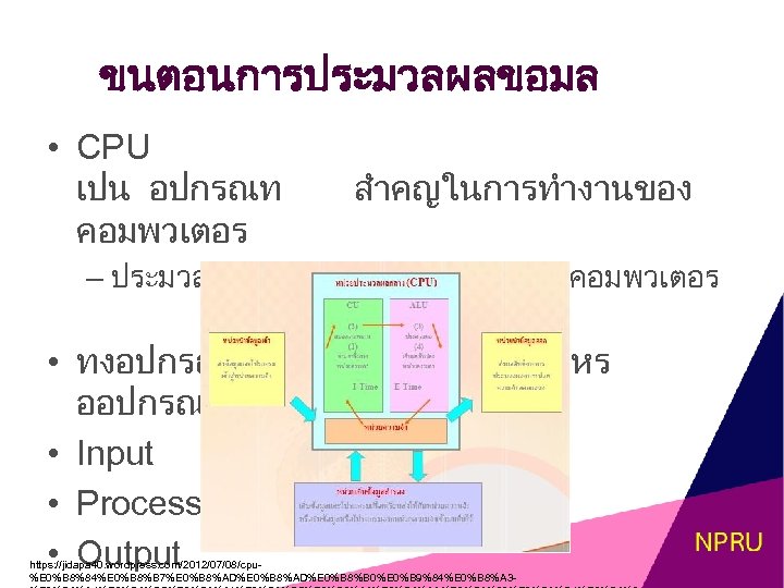 ขนตอนการประมวลผลขอมล • CPU เปน อปกรณท คอมพวเตอร สำคญในการทำงานของ – ประมวลผลและควบคมการทำงานของคอมพวเตอร • ทงอปกรณ ทอยในคอมพวเตอรหร ออปกรณตอพวงตอ •