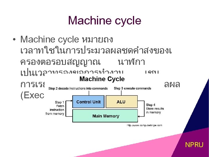 Machine cycle • Machine cycle หมายถง เวลาทใชในการประมวลผลชดคำสงของเ ครองตอรอบสญญาณ นาฬกา เปนเวลาทรองขอการทำงาน เชน การเรยก (Load) ขอมล