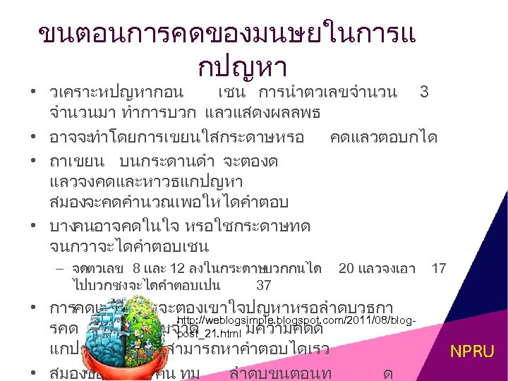 ขนตอนการคดของมนษยในการแ กปญหา • วเคราะหปญหากอน เชน การนำตวเลขจำนวน 3 จำนวนมา ทำการบวก แลวแสดงผลลพธ • อาจจะ ทำโดยการเขยนใสกระดาษหรอ คดแลวตอบกได