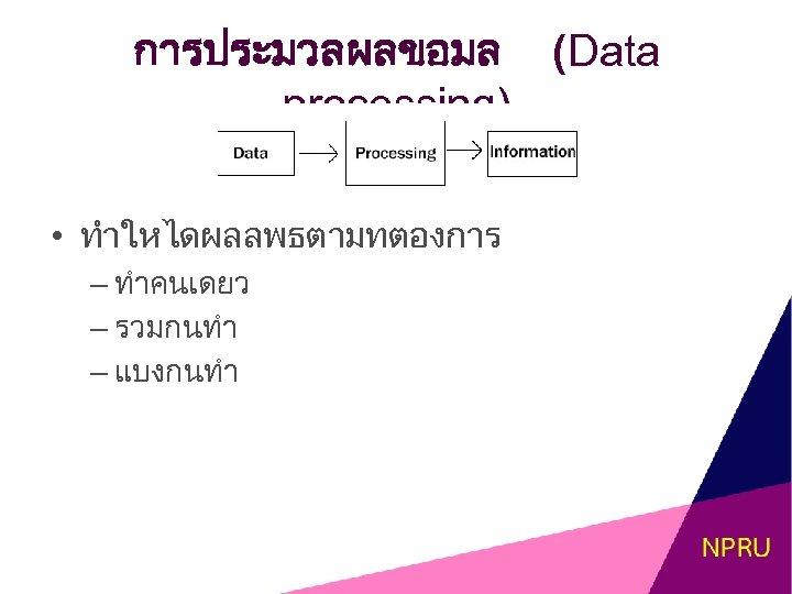การประมวลผลขอมล (Data processing) • ทำใหไดผลลพธตามทตองการ – ทำคนเดยว – รวมกนทำ – แบงกนทำ 