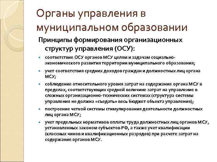 Органы управления в муниципальном образовании Принципы формирования организационных структур управления (ОСУ): соответствие ОСУ органов