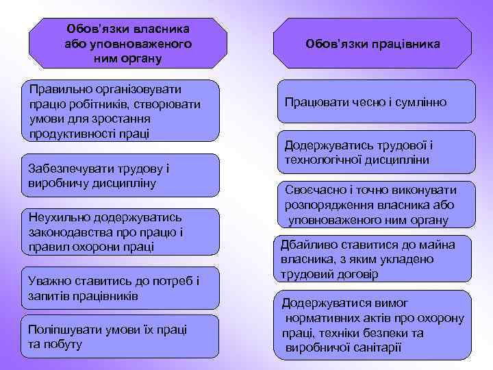 Обов’язки власника або уповноваженого ним органу Правильно організовувати працю робітників, створювати умови для зростання