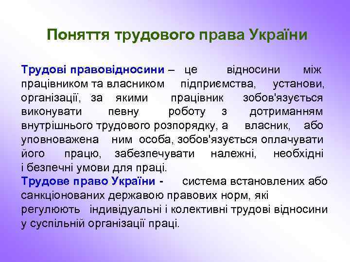 Поняття трудового права України Трудові правовідносини – це відносини між працівником та власником підприємства,