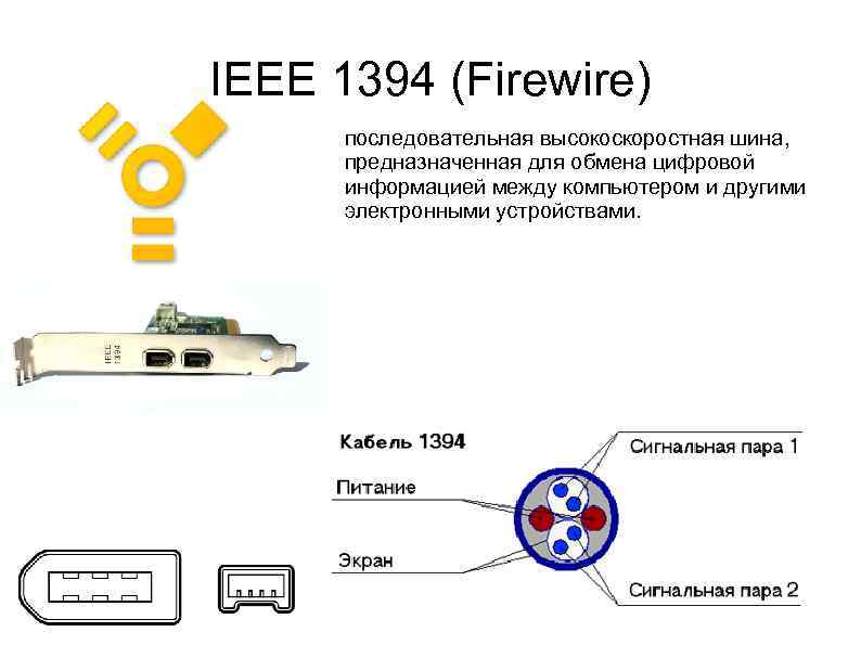 IEEE 1394 (Firewire) последовательная высокоскоростная шина, предназначенная для обмена цифровой информацией между компьютером и