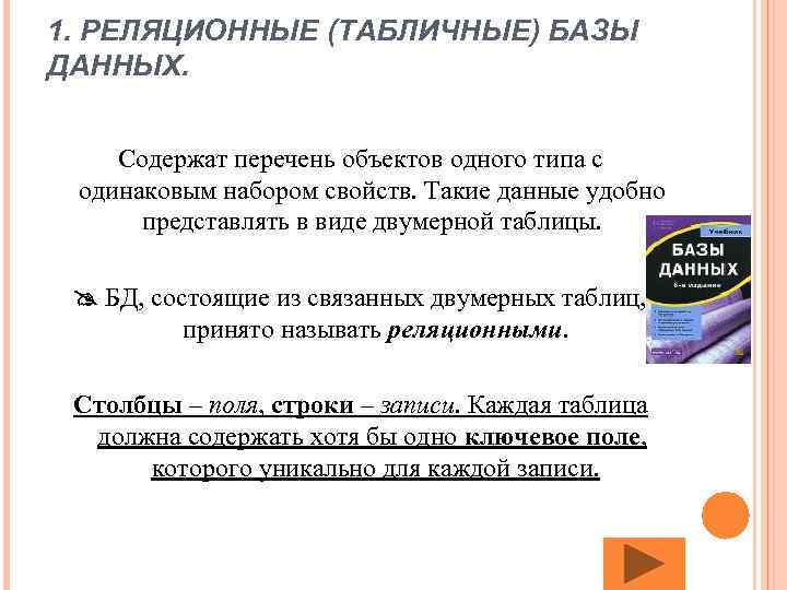 1. РЕЛЯЦИОННЫЕ (ТАБЛИЧНЫЕ) БАЗЫ ДАННЫХ. Содержат перечень объектов одного типа с одинаковым набором свойств.