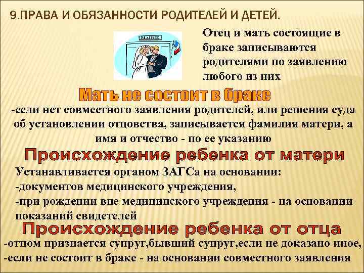 9. ПРАВА И ОБЯЗАННОСТИ РОДИТЕЛЕЙ И ДЕТЕЙ. Отец и мать состоящие в браке записываются