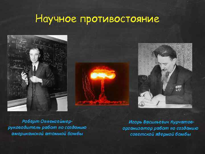 Научное противостояние Роберт Оппенгеймерруководитель работ по созданию американской атомной бомбы Игорь Васильевич Курчатоворганизатор работ