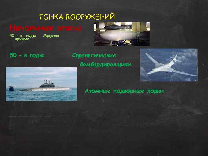 ГОНКА ВООРУЖЕНИЙ Начальные этапы 40 - е годы оружие Ядерное 50 – е годы