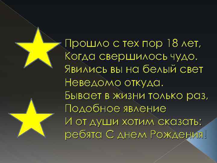 Прошло с тех пор 18 лет, Когда свершилось чудо. Явились вы на белый свет