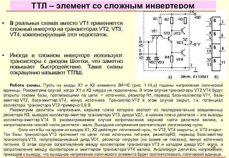 ТТЛ – элемент со сложным инвертером • В реальных схемах вместо VT 1 применяется