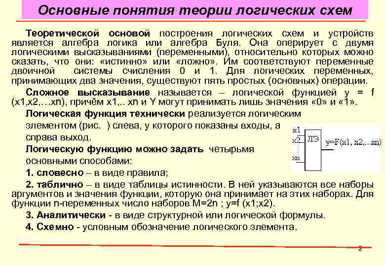 Основные понятия теории логических схем Теоретической основой построения логических схем и устройств является алгебра