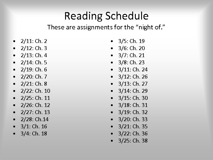 Reading Schedule These are assignments for the “night of. ” • • • •