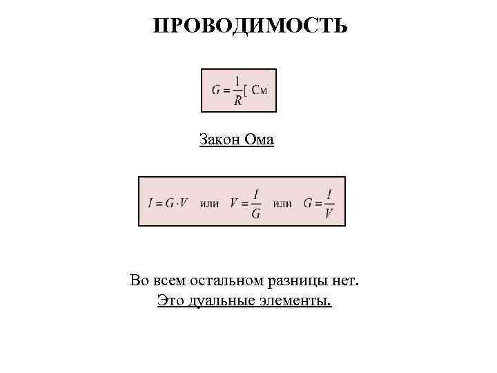 ПРОВОДИМОСТЬ Закон Ома Во всем остальном разницы нет. Это дуальные элементы. 