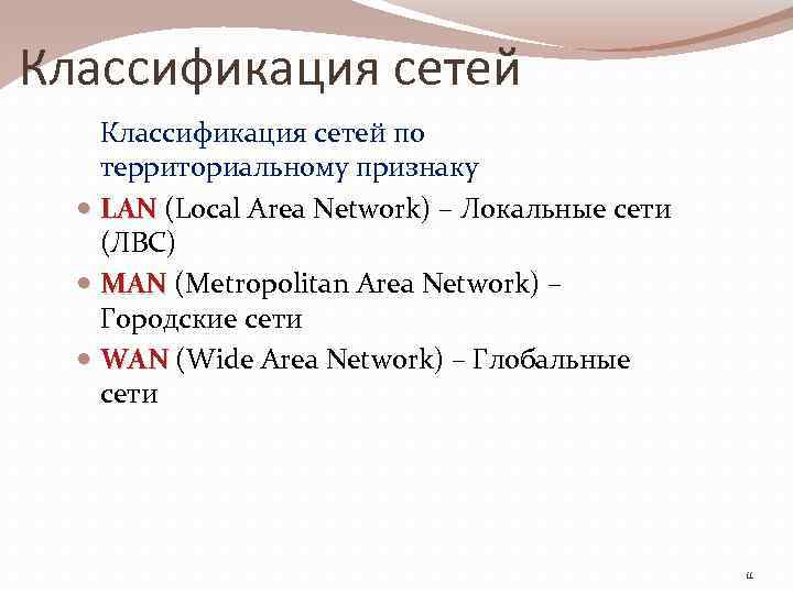 Классификация сетей по территориальному признаку LAN (Local Area Network) – Локальные сети (ЛВС) MAN