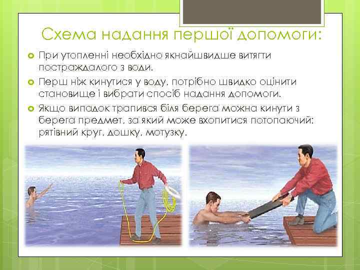 Схема надання першої допомоги: При утопленні необхідно якнайшвидше витягти постраждалого з води. Перш ніж