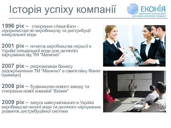 Історія успіху компанії 1996 рік – створення «Аква-Еко» підприємства по виробництву та дистрибуції мінеральної