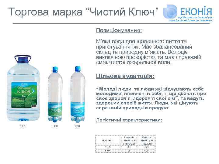 Торгова марка “Чистий Ключ” виробництво та дистрибуція питної води та дитячого харчування Позиціонування: М’яка