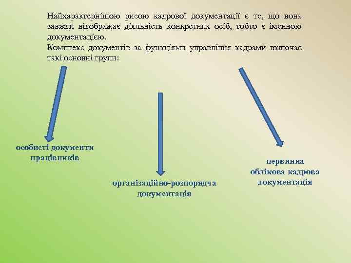 Найхарактернішою рисою кадрової документації є те, що вона завжди відображає діяльність конкретних осіб, тобто