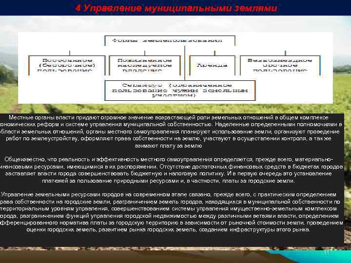 4 Управление муниципальными землями Местные органы власти придают огромное значение возрастающей роли земельных отношений