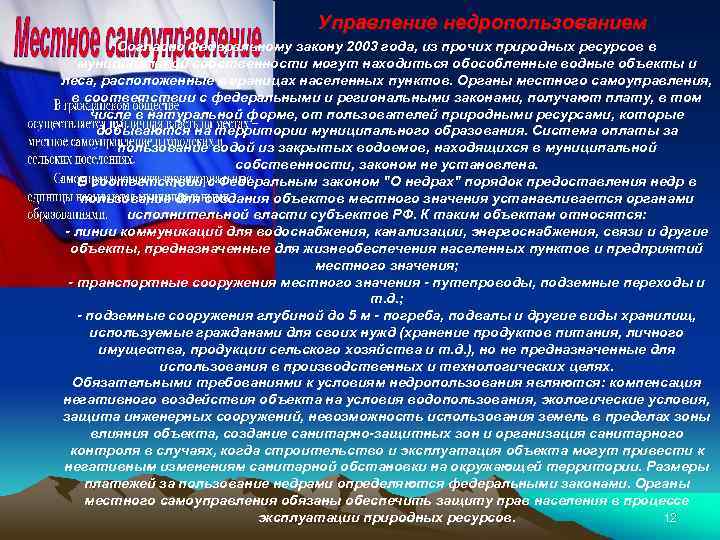 Управление недропользованием Согласно Федеральному закону 2003 года, из прочих природных ресурсов в муниципальной собственности