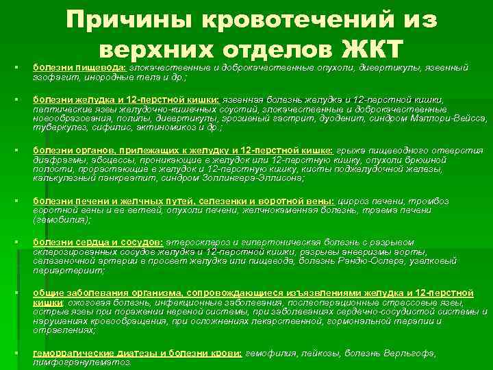 Причины кровотечений из верхних отделов ЖКТ § болезни пищевода: злокачественные и доброкачественные опухоли, дивертикулы,