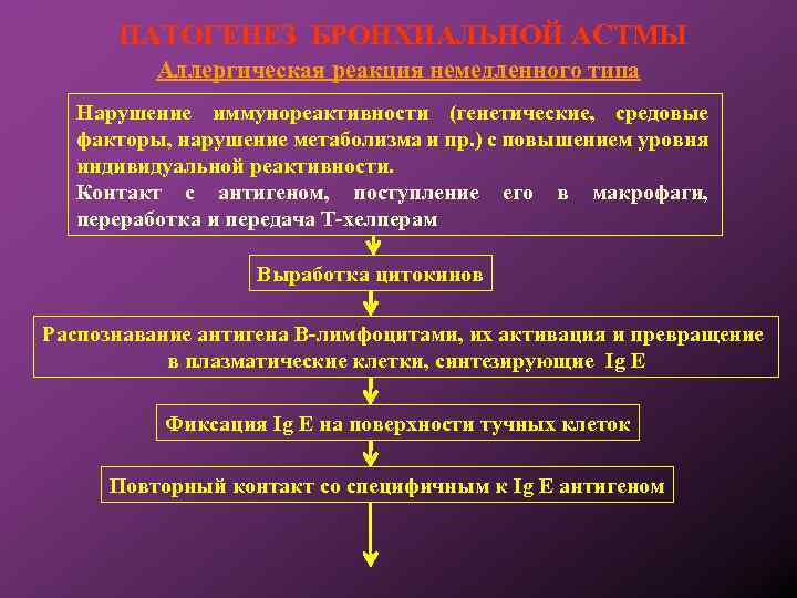 ПАТОГЕНЕЗ БРОНХИАЛЬНОЙ АСТМЫ Аллергическая реакция немедленного типа Нарушение иммунореактивности (генетические, средовые факторы, нарушение метаболизма