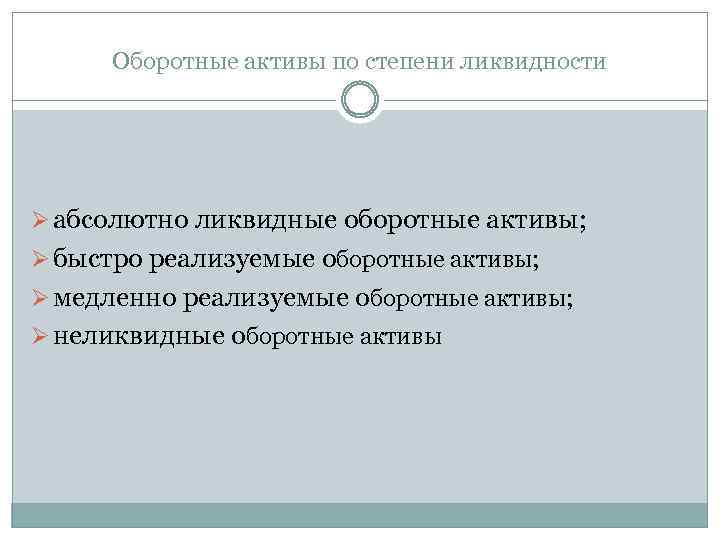 Оборотные активы по степени ликвидности Ø абсолютно ликвидные оборотные активы; Ø быстро реализуемые оборотные