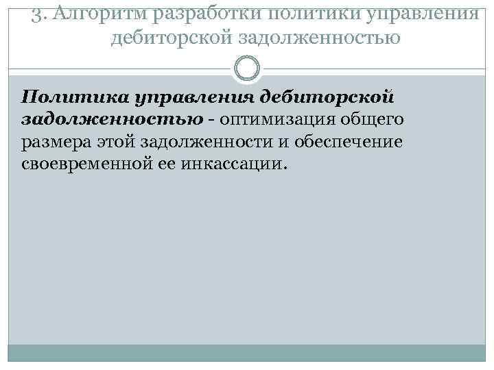 3. Алгоритм разработки политики управления дебиторской задолженностью Политика управления дебиторской задолженностью оптимизация общего размера