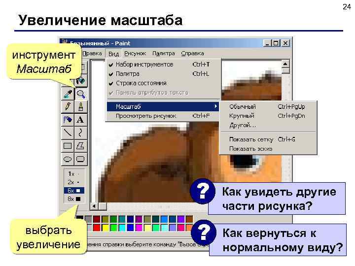 24 Увеличение масштаба инструмент Масштаб ? выбрать увеличение ? Как увидеть другие части рисунка?