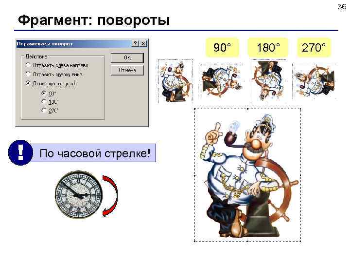 36 Фрагмент: повороты 90° ! По часовой стрелке! 180° 270° 