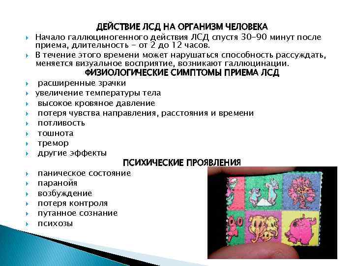  ДЕЙСТВИЕ ЛСД НА ОРГАНИЗМ ЧЕЛОВЕКА Начало галлюциногенного действия ЛСД спустя 30 -90 минут