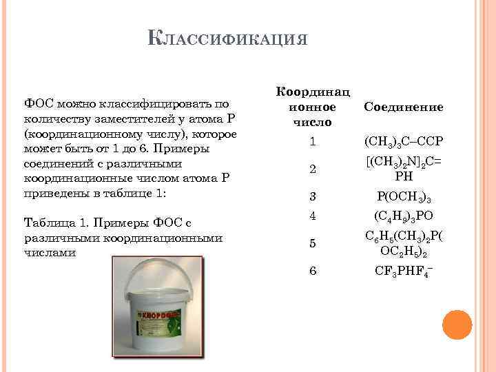 КЛАССИФИКАЦИЯ ФОС можно классифицировать по количеству заместителей у атома Р (координационному числу), которое может