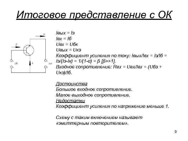 Итоговое представление с ОК Iвых = Iэ Iвх = Iб Uвх = Uбк Uвых