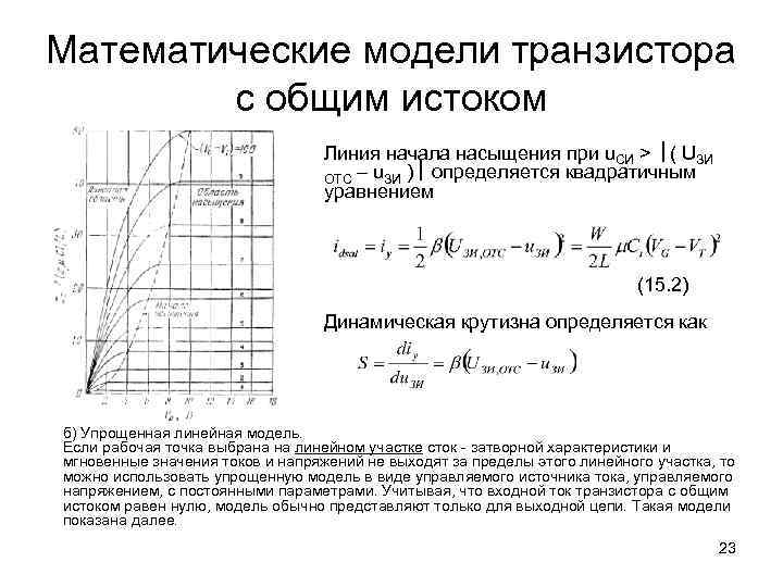 Математические модели транзистора с общим истоком Линия начала насыщения при u. СИ > (