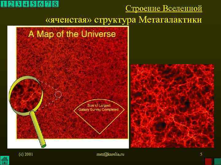 1 2 3 4 5 6 7 8 Строение Вселенной «ячеистая» структура Метагалактики (c)