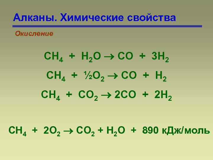 Алканы. Химические свойства Окисление CH 4 + H 2 O CO + 3 H
