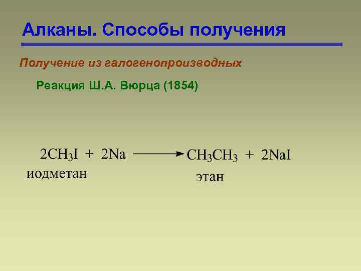 Алканы. Способы получения Получение из галогенопроизводных Реакция Ш. А. Вюрца (1854) 