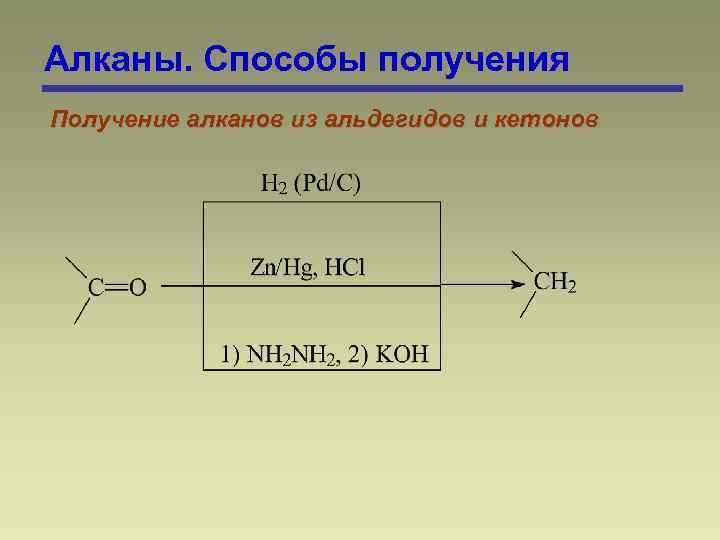 Алканы. Способы получения Получение алканов из альдегидов и кетонов 