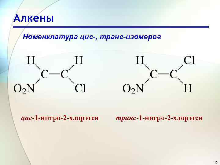 Алкены Номенклатура цис-, транс-изомеров цис-1 -нитро-2 -хлорэтен транс-1 -нитро-2 -хлорэтен 13 