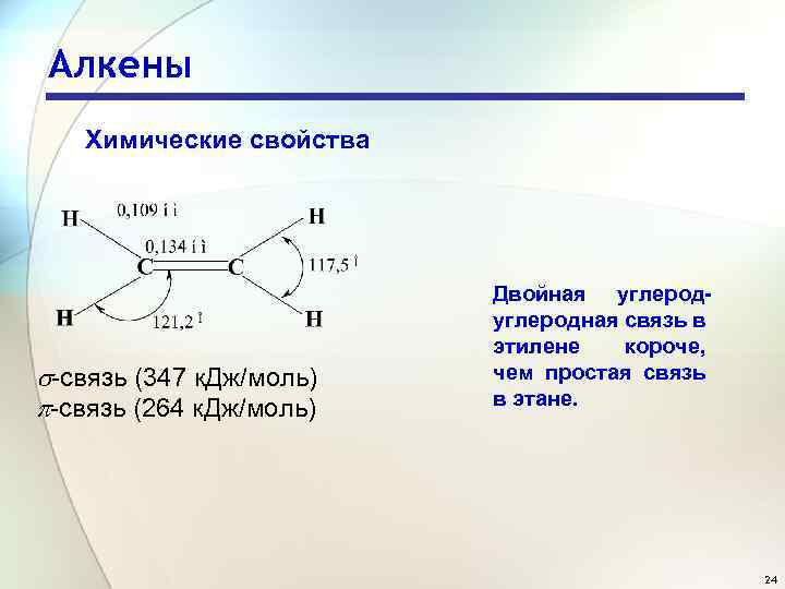 Алкены Химические свойства -связь (347 к. Дж/моль) -связь (264 к. Дж/моль) Двойная углеродная связь