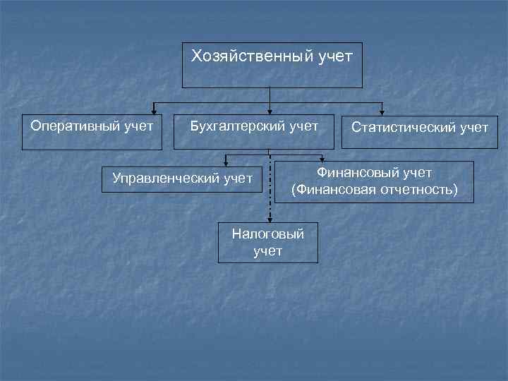 Хозяйственный учет Оперативный учет Бухгалтерский учет Управленческий учет Статистический учет Финансовый учет (Финансовая отчетность)