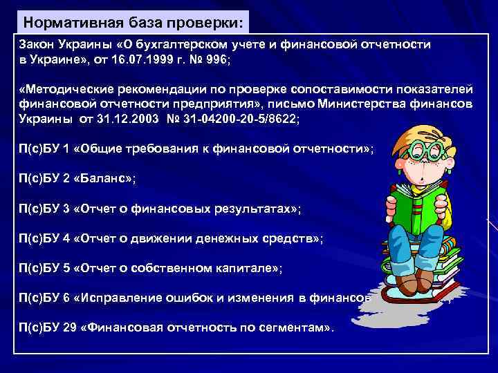 Нормативная база проверки: Закон Украины «О бухгалтерском учете и финансовой отчетности в Украине» ,