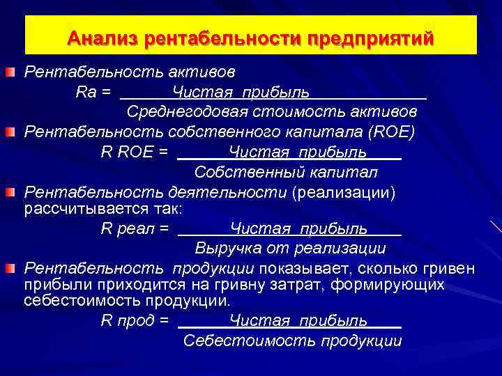 Анализ рентабельности предприятий Рентабельность активов Rа = Чистая прибыль Среднегодовая стоимость активов Рентабельность собственного