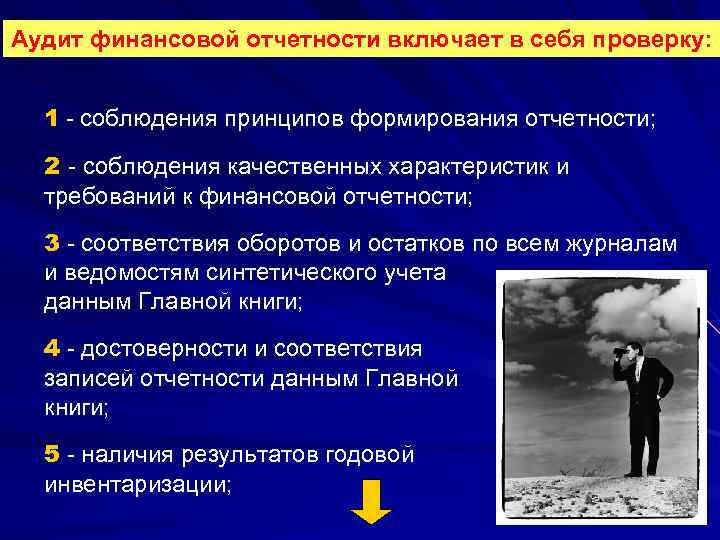 Аудит финансовой отчетности включает в себя проверку: 1 - соблюдения принципов формирования отчетности; 2