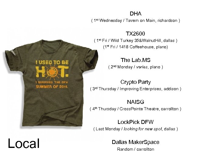 DHA ( 1 st Wednesday / Tavern on Main, richardson ) TX 2600 (