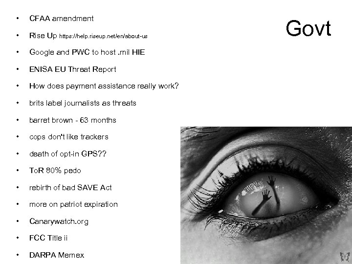  • CFAA amendment • Rise Up https: //help. riseup. net/en/about-us • Google and