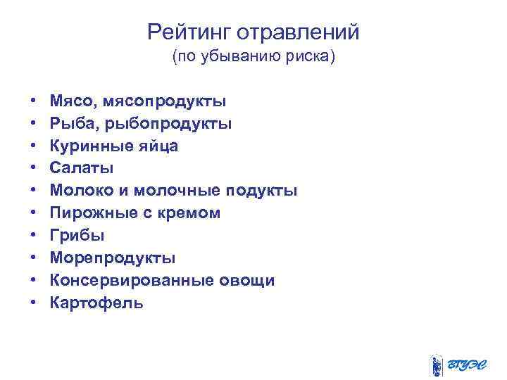 Рейтинг отравлений (по убыванию риска) • • • Мясо, мясопродукты Рыба, рыбопродукты Куринные яйца