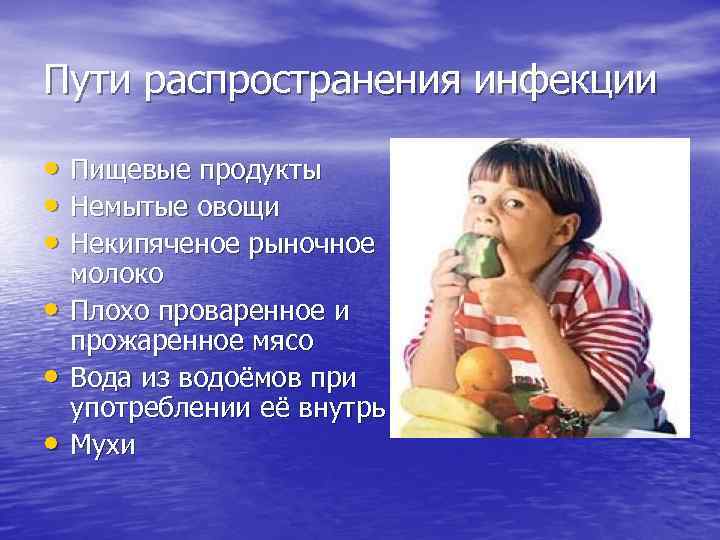 Пути распространения инфекции • Пищевые продукты • Немытые овощи • Некипяченое рыночное • •